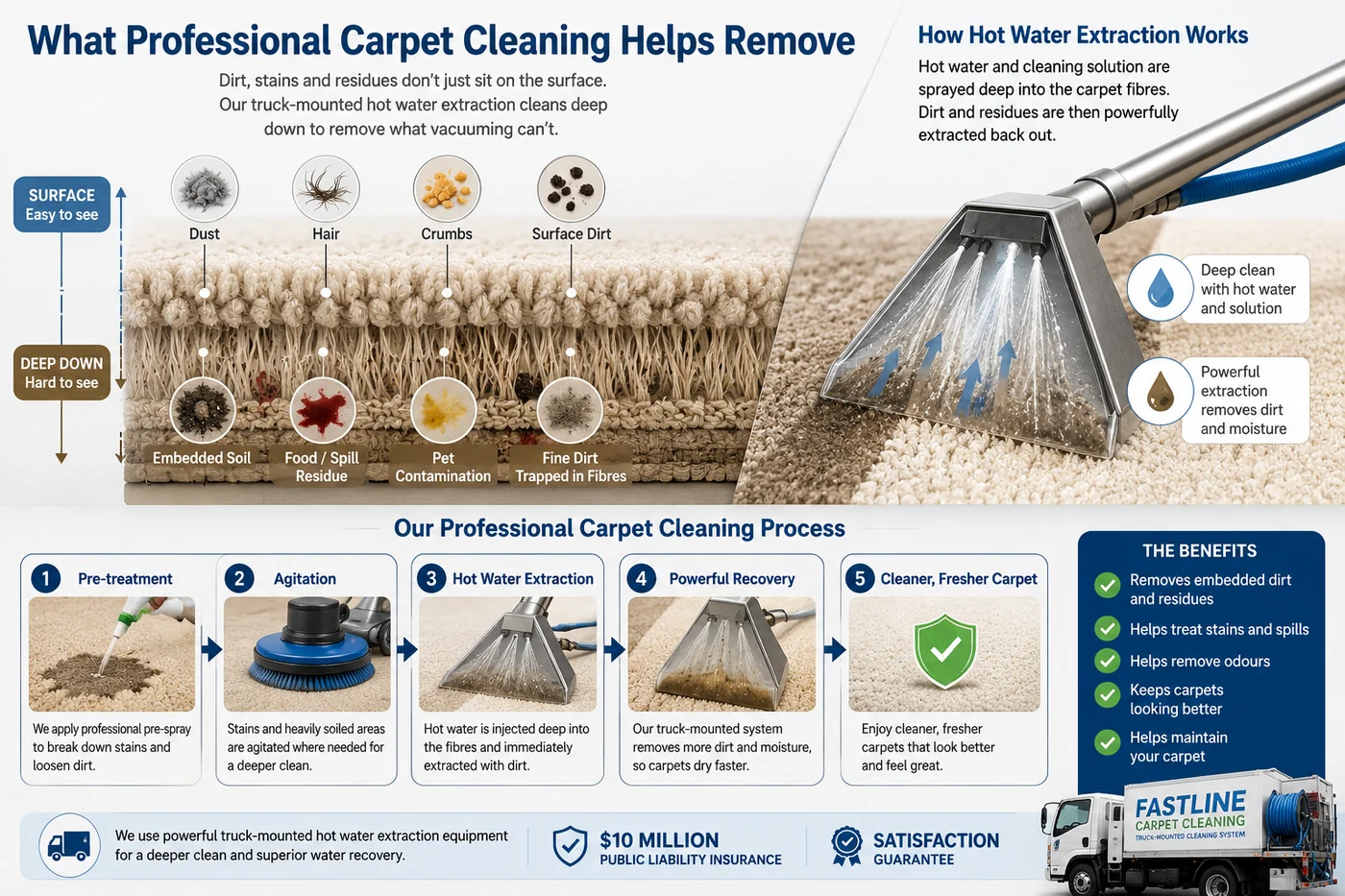 Truck-mounted hot water extraction removing embedded dirt and residues from carpet fibres