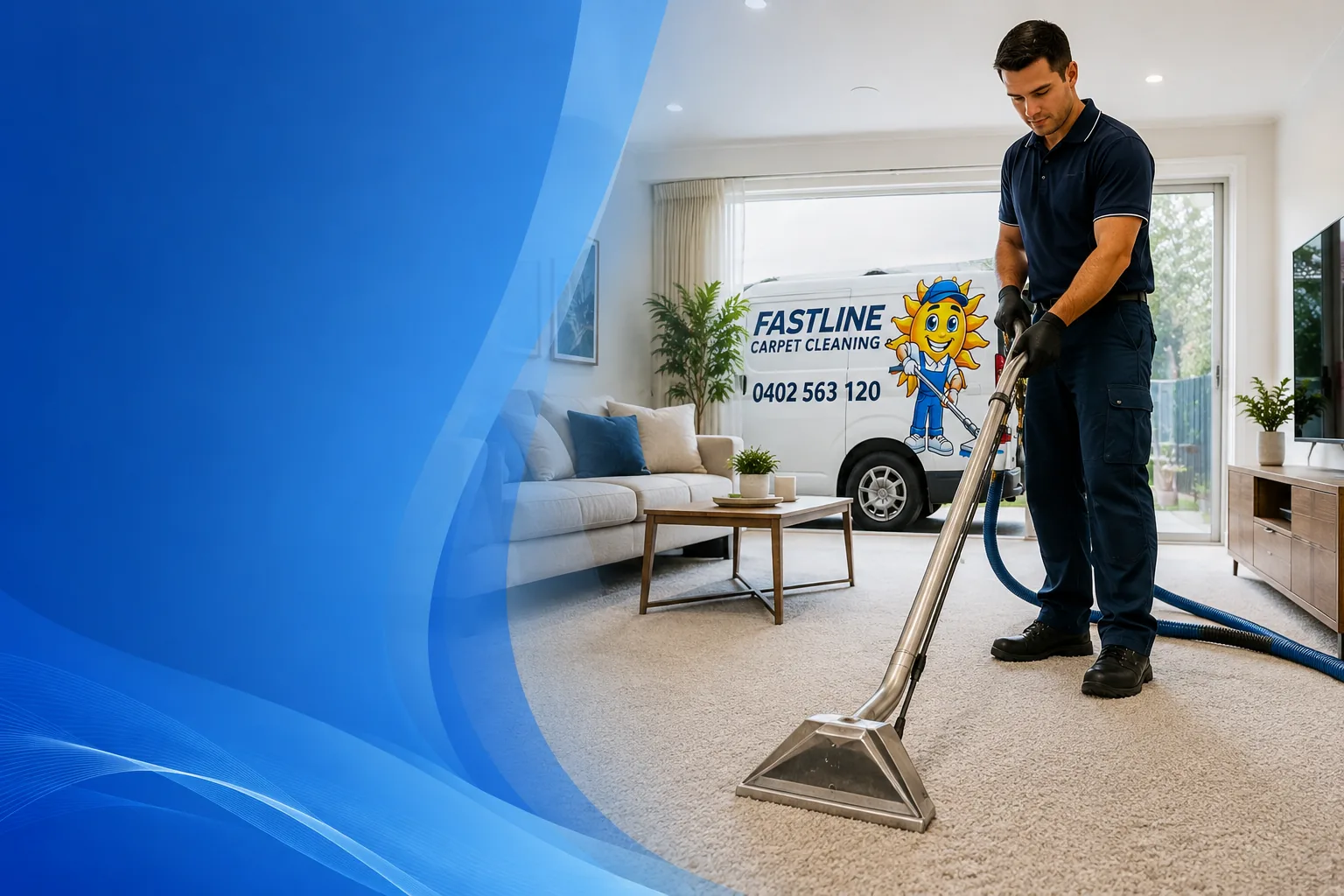 Professional commercial carpet cleaning with truck-mounted equipment