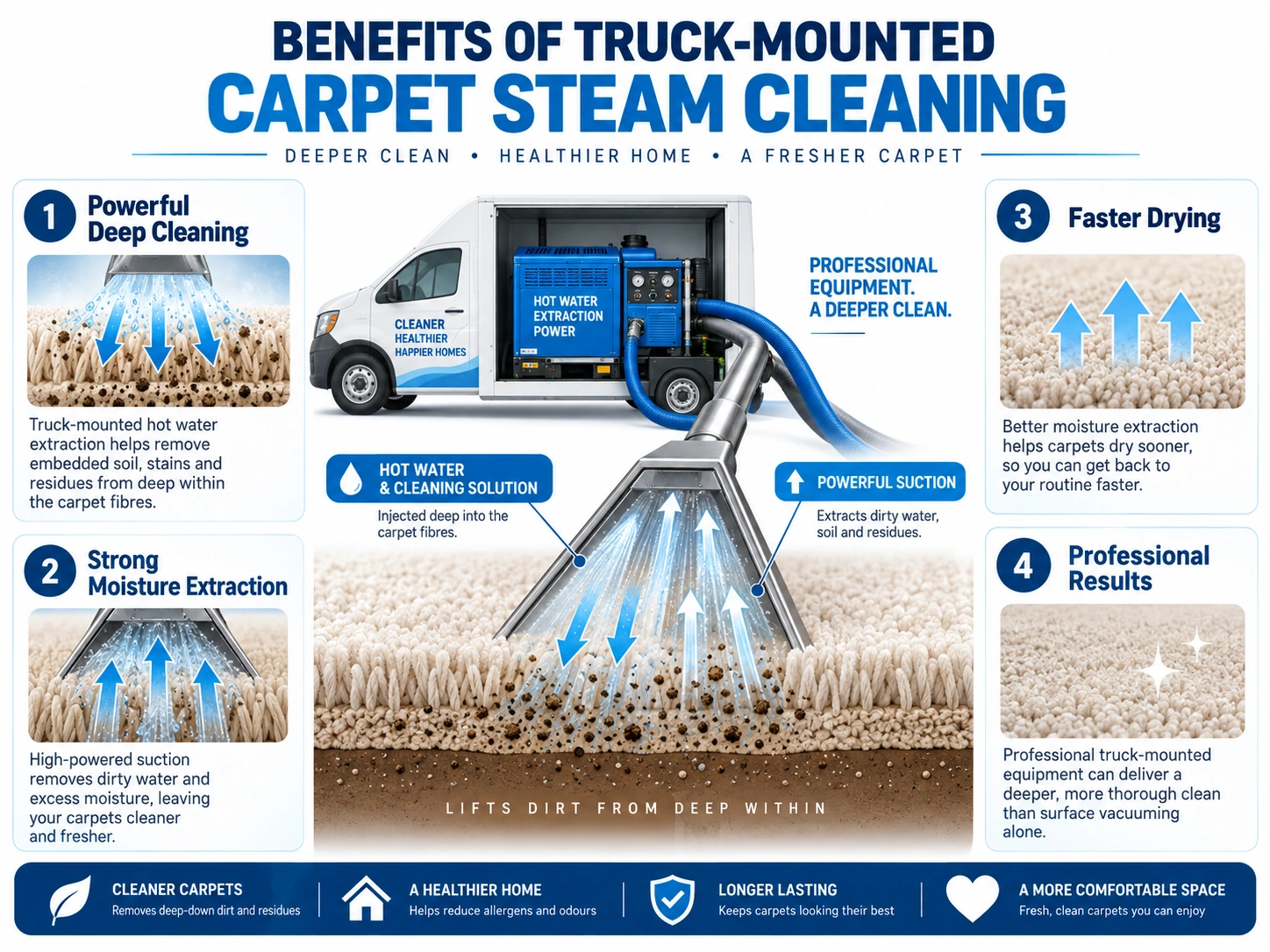 Professional carpet cleaning benefits in Clyde showing dirt removal, stain treatment and deep extraction