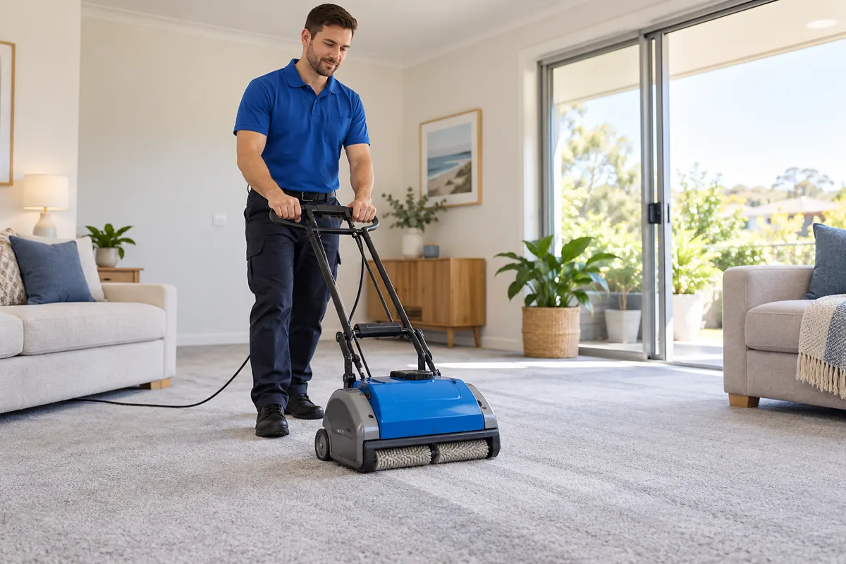 technician operating an encapsulation carpet cleaning machine