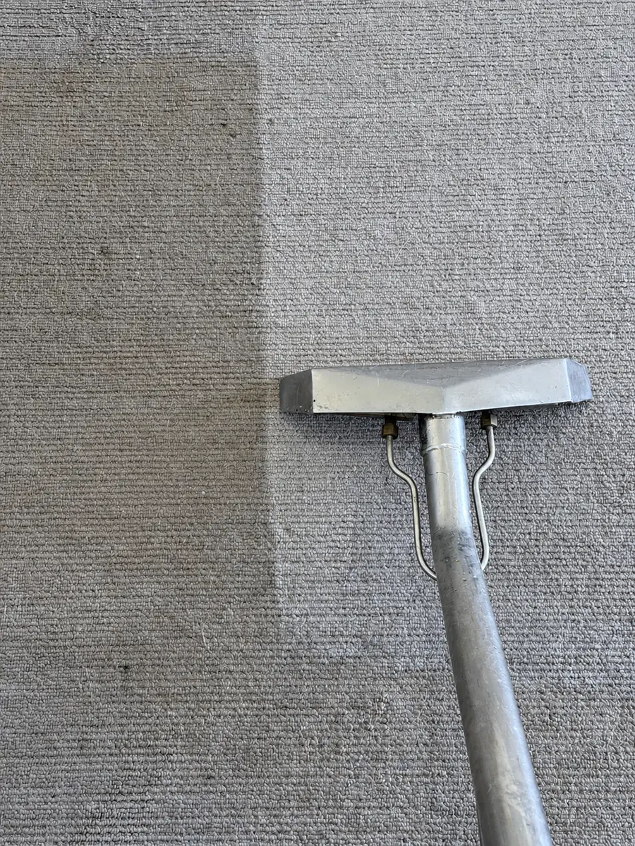 Metal carpet cleaning wand on grey carpet with visible cleaning passes.